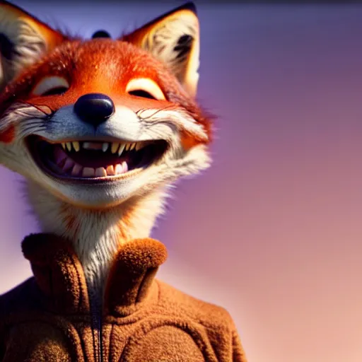 Image similar to weta disney pixar movie still macro close photo of smiling anthropomorphic fox holding on nose a bread with face : : by weta, greg rutkowski, wlop, ilya kuvshinov, rossdraws, artgerm, octane render, iridescent, bright morning, anime, liosh, mucha : :