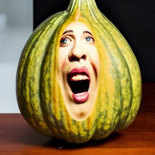 Image similar to gourd with face of amber heard hybrid intercross mix as a gourd