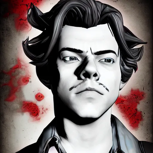 Image similar to harry styles portrait, borderlands, tales from the borderlands, the wolf among us, comic, cinematic lighting, studio quality, 8 k