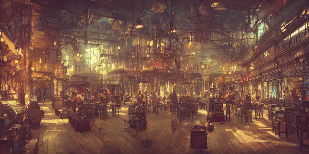 Image similar to steampunk mall interior, colorful, 3 d scene, render, greg rutkowski, zabrocki, karlkka, jayison devadas, trending on artstation, 8 k, ultra wide angle, zenith view, pincushion lens effect