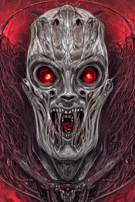 Image similar to Elden Ring and Doom themed painting of majestic crimson biomechanical undead necrotic revenant human hybrid beautiful undead angel symmetrical angry mask closeup face grinning angry mask closeup tattoo pattern golden ratio concept, Neo-Gothic concept, infinity glyph waves, intricate artwork masterpiece, very coherent artwork, cinematic, full frontal facial features by Artgerm, art by H.R. Giger, Takato Yamamoto, Zdizslaw Beksinski, Johnatan Wayshak, Moebius, Ayami Kojima, very anatomically coherent artwork, trending on cgsociety, ultra high quality model, production quality cinema model, high detail chromatic ink outline, octane render, unreal engine 8k, hyper realism, high detail, octane render, unreal engine, 8k, High contrast