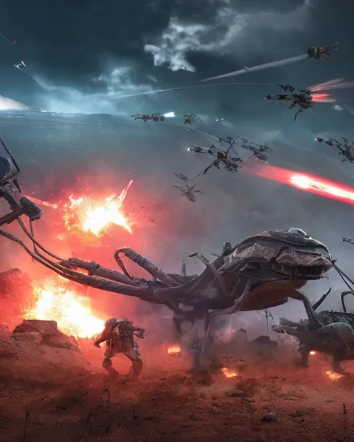 Prompt: battle between aliens and primitive people. battlefield close-up. many explosions, blaster cannons and spears, hyper realistic, 4k, 8k, cinematik