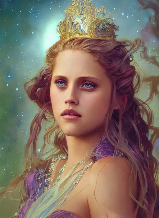 Image similar to beautiful young happy teresa palmer as the aurora princess, closeup, d & d, fantasy, intricate, elegant, highly detailed, digital painting, artstation, concept art, matte, sharp focus, illustration, art by artgerm and greg rutkowski and alphonse mucha