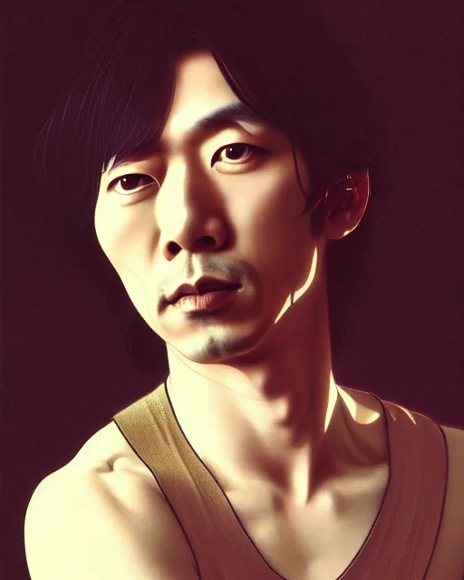 Prompt: photography portrait of japanese rock singer yutaka ozaki from 1 9 8 0 s, ambient lighing, intricate, elegant, highly detailed, digital painting, artstation, concept art, smooth, sharp focus, illustration, art by artgerm and greg rutkowski and alphonse mucha