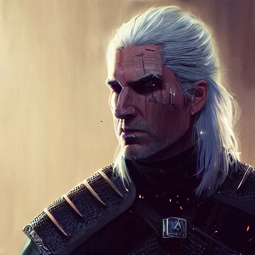 Image similar to Geralt cyberpunk, oil painting, Tooth Wu, Greg Rutkowski, RPG portrait, dynamic lighting, fantasy art, High contrast, depth of field