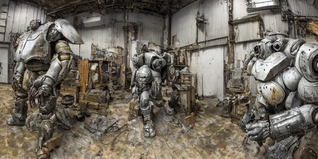 Prompt: wide angle panorama shot photo taken of an epic intricate, ultra detailed, super realistic gritty, hero prop, exquisitely weathered very clunky, bulky fallout 5 power armour suits movie prop replica's in a row in the workshop, created by weta workshop, full body shot, photorealistic, sharp focus, white wall, cold colour temperture