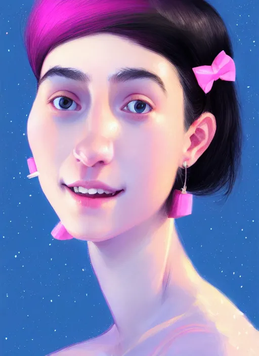 Image similar to portrait of teenage girl, narrow face, black hair, bangs, half updo hairstyle, skinny, smile, unattractive, defined jawline, big chin, wearing pink hair bow, earrings, intricate, elegant, glowing lights, highly detailed, digital painting, artstation, sharp focus, illustration, art by wlop, mars ravelo and greg rutkowski