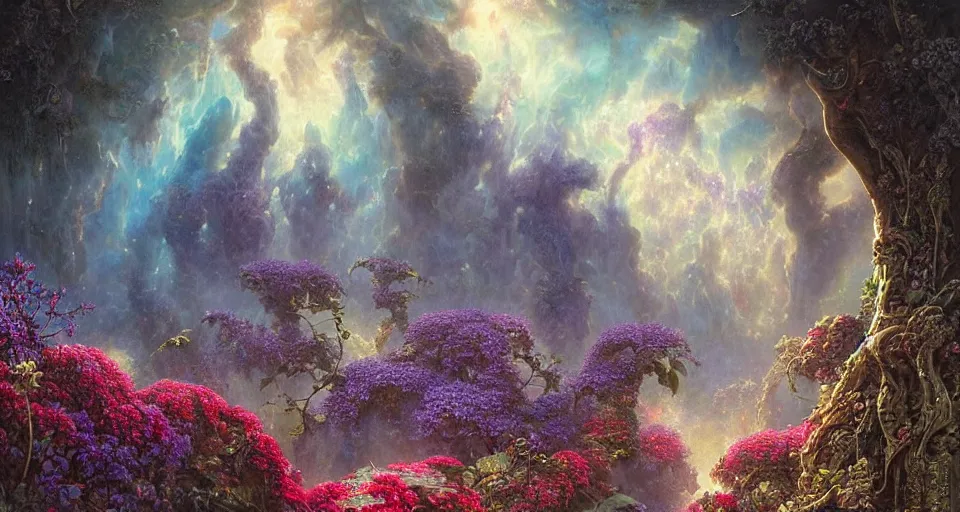 Prompt: a large alien shrine shrouded by mystic nebula magic in a field of flowers, ferdinand knab, breath - taking beautiful flowers, streams, nebula, and mist, an aesthetically pleasing, dynamic, energetic, lively, complex, intricate, detailed, well - designed digital art of magic, streams, flowers, and mist, early morning, light and shadow