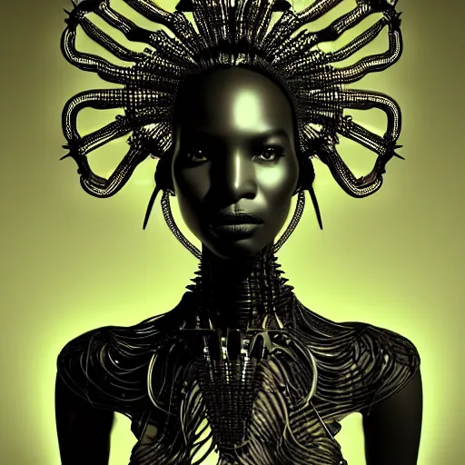 Image similar to portrait of an absurdly beautiful, graceful, sophisticated, fashionable black cyberpunk mechanoid gravure idol, ultrafine hyperdetailed illustration by irakli nadar, alek wek, matt wisniewski style, intricate linework, ebony skin, neon jellyfish headdress, ivory carved ruff, unreal engine 5 highly rendered, global illumination, radiant light, detailed and intricate environment