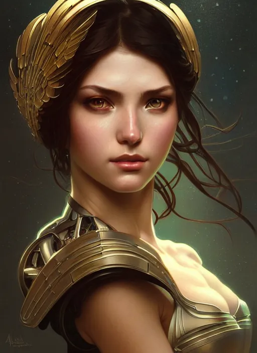 Image similar to portrait of mechanical angel, beautiful girl, intrigante, headshot, highly detailed, digital painting, artstation, concept art, sharp focus, cinematic lighting, illustration, art by artgerm and greg rutkowski, alphonse mucha, cgsociety