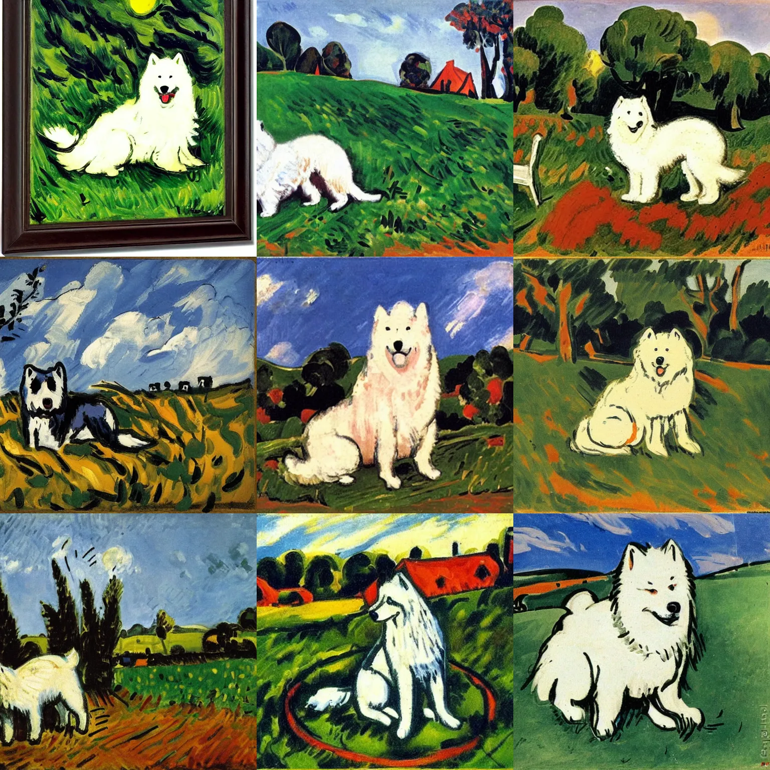 Prompt: a samoyed dog sitting in the middle of sunny meadow, by maurice de vlaminck