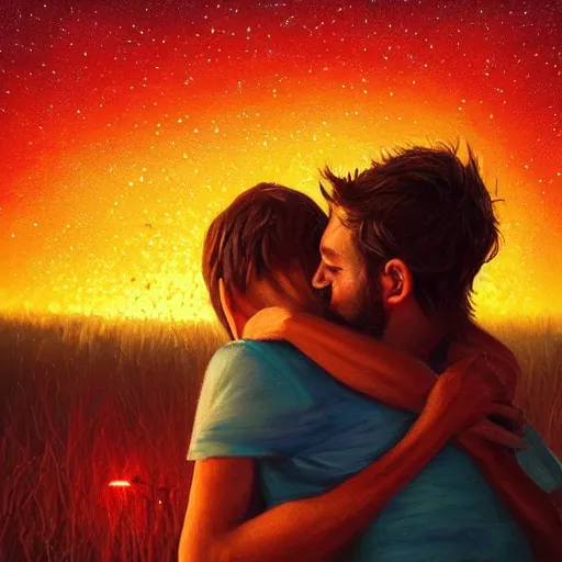 Image similar to a man receiving a thousand hugs from ten thousand lightning bugs, beautiful painting, twilight, sunset, artstation