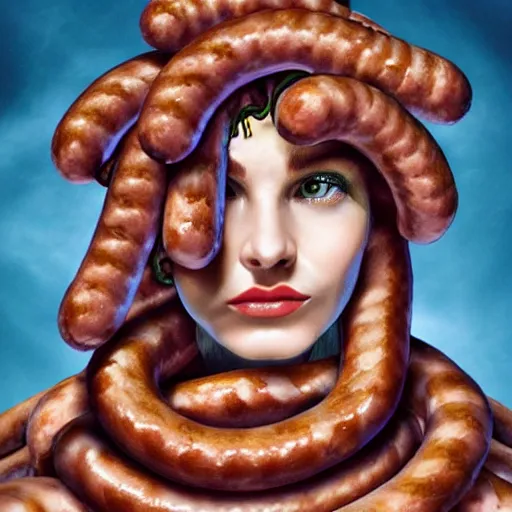 Prompt: medusa with sausages instead of snakes, sausage hair, photorealistic, illustration