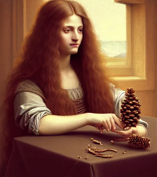 Prompt: portrait of a long - haired woman with a small pinecone sitting upon a table with heightened detail, poised, intense emotion, detailed facial expression, detailed surroundings, intricate, elegant, highly detailed, centered, digital painting, artstation, concept art, smooth, sharp focus, illustration, by ( leonardo da vinci ), wlop