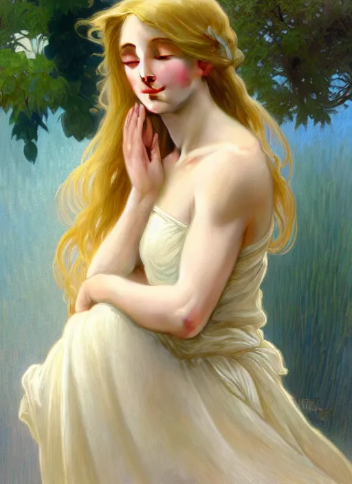 Image similar to painted portrait of a shy wife blessed by god to grow immaculately attractive and perfect. blonde, clothed holy body, light effect. modern fantasy, feminine, fertile, in clothes! highly detailed, intricate, elegant, fertility, concept art, digital painting, artstation, smooth, sharp focus, illustration, art by gaston bussiere and alphonse mucha