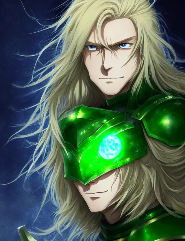 Prompt: an excellent anime portrait of a long haired blonde man with blue eyes in green armour glowing with green energy, trending on artstation, digital art, 4 k resolution, detailed, high quality, sharp focus, hq artwork, coherent, insane detail, character portrait, body portrait