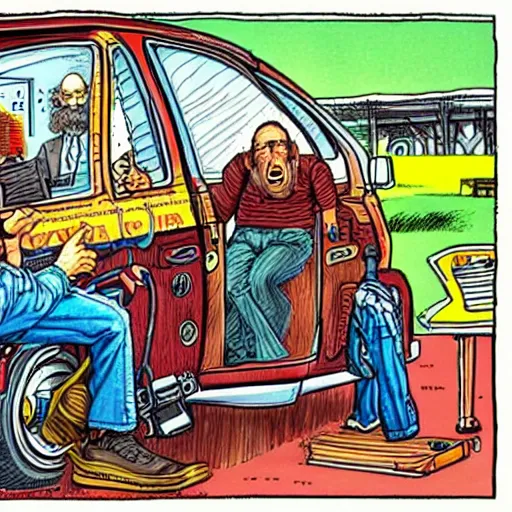 Prompt: The Artwork of R. Crumb and his Mechanic Joke, pencil and colored marker artwork, trailer-trash lifestyle