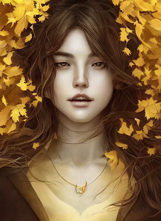 Image similar to golden leaves at frame border, creative!!! composition for a book cover, moon, beautiful portrait painting, a female witch absurdly beautiful, ultrafine hyperrealistic detailed face by wlop and artgerm and greg rutkowski, intricate linework, sharp focus, smooth, octopath traveler, final fantasy, unreal engine, dramatic lighting, ethereal, 8 k