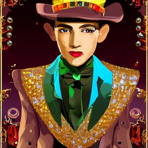 Prompt: A very handsome jewelpunk young man. A Jewelpunk society would be one of gleaming perfection, where every surface is adorned with sparkling gems and jewelry. The skies would be a rainbow of colors, as light reflecting off of the endless gems creates a spectrum of hues. The people would be impeccably dressed, with each outfit adorned with jewels that match their personality and status. Even the weapons and other tools would be made out of precious metals and gems, adding to the overall air of opulence. Men are objectified as much as women.