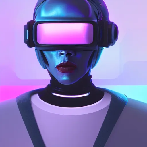 Prompt: cyberpunk concept humanoid bot, cinema 4 d, galaxy, ufo, space sci - fi, wearing vr goggles, illustration, portrait, pastel neon textured background night, trending on artstation, greg rutkowski, octane rendered, 1 2 k, detailed,