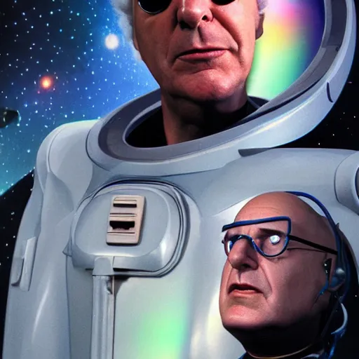 Image similar to celestial Larry David, facial portrait, retro-futuristic, legendary epic shot, 90s make-up, galaxy space hunter, cyber implants, wires, low angle, dawn, by syd mead , airbrush, science fantasy, 90s ad, concept art, realistic matte painting, Smooth gradients, octane render, 8k, High contrast, duo tone, depth of field, volumetric lightning, very coherent, symmetrical, skin pore detail