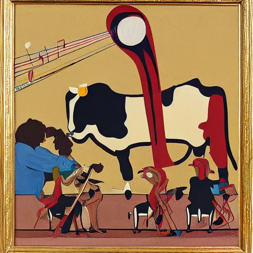 Prompt: painting of a big cow with a long curved neck playing violin in a medivial styled field with three peasants spitting on it's face