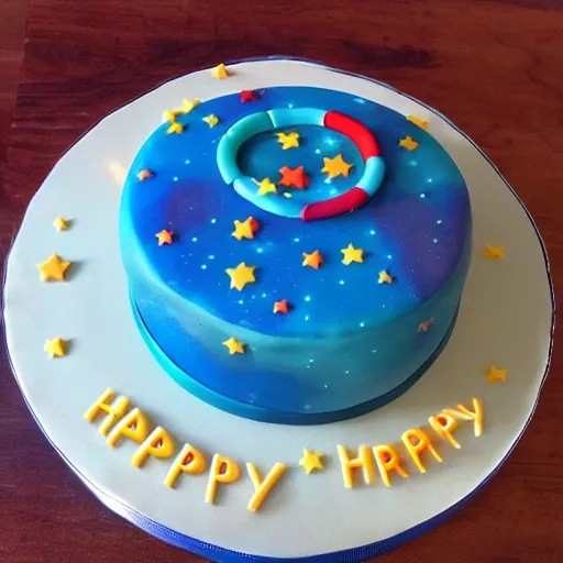 Prompt: birthday cake with a universe inside