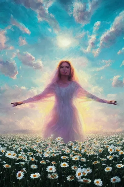 Prompt: giant white daisy flower as head, veiled girl dancing in a flower field, surreal photography, sunrise, dramatic light, impressionist painting, colorful clouds, digital painting, artstation, simon stalenhag