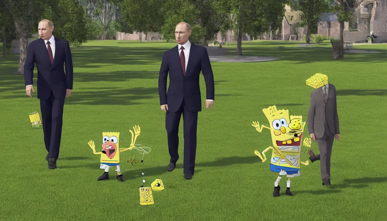 Image similar to putin walks with spongebob on the lawn, masterpiece. rendered in blender, ultra realistic, smooth shading, ultra detailed, high resolution, 8 k, cinematic, unreal 6