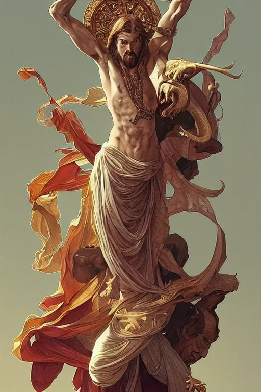 Prompt: fullbody!! dynamic action pose, jesus christ with the head of a lizard, reptilian scales, holy cross, religious, intricate, elegant, highly detailed, digital painting, artstation, concept art, smooth, sharp focus, illustration, art by artgerm and greg rutkowski and alphonse mucha