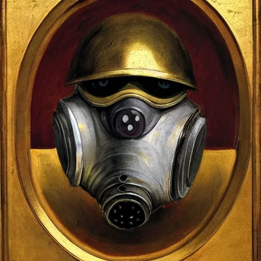 Prompt: portrait painting of a medieval knight soldier wearing gas mask by George Stubbs, renaissance painting, oil painting, old master, Close up