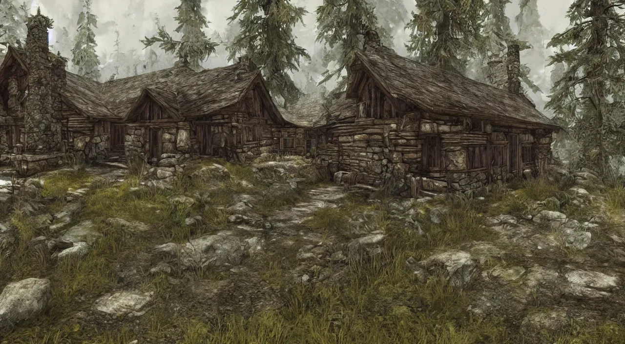 Prompt: concept art of an old rustic house in a forest in skyrim