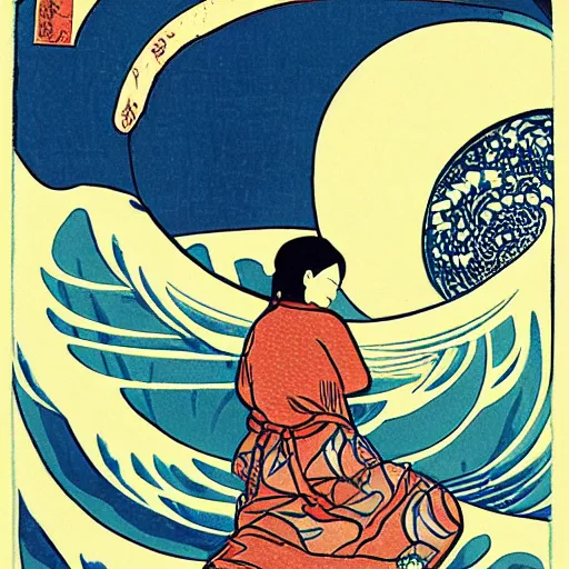 Prompt: surfer girl, woodblock print, style of hokusai, fine art, style of the great wave off kanagawa, painting