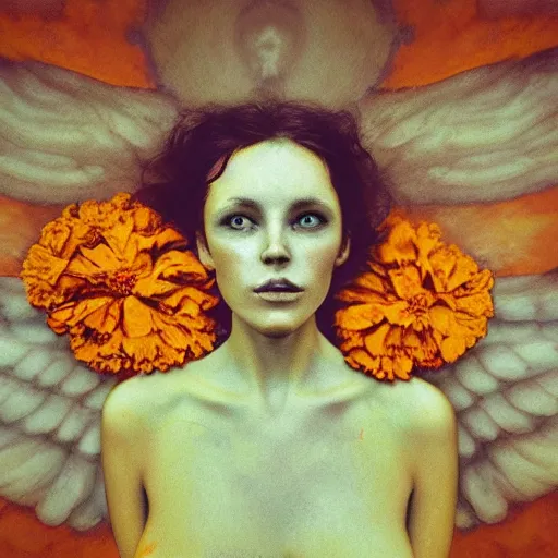 Image similar to realistic expired kodak film portrait of an angel woman tentacled creature mix, marigold celestial vibe, hyperrealism, hypermaxiymalism, photorealistic, detailed, atmospheric, 8 k, award winning photography, cinematic