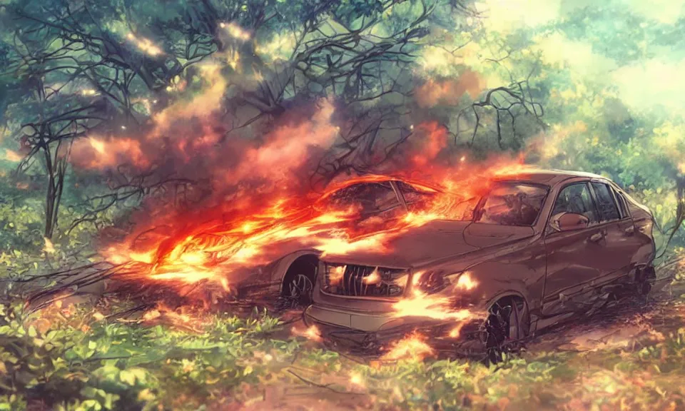 Image similar to a car exploding in a forest, anime style, highly detailed