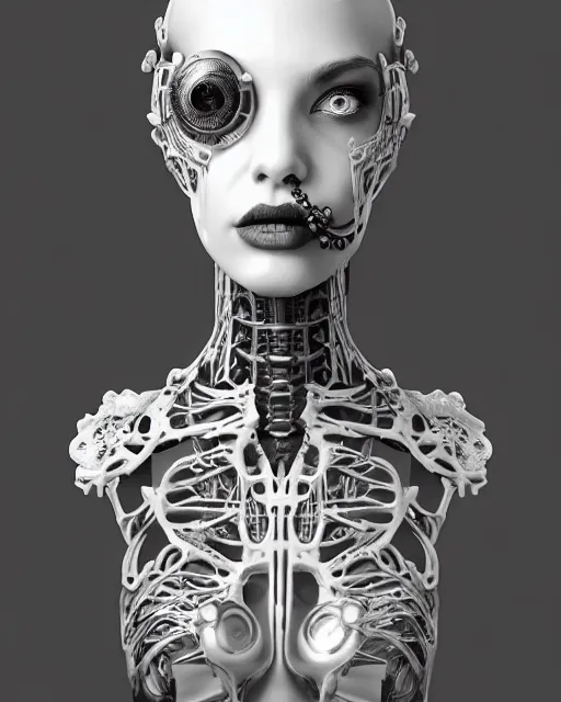 Prompt: black and white dreamy foggy smoky profile face portrait, one silver steampunk realistic eye biomechanical beautiful young female cyclope - cyborg - robot bust, body ribs meshes,, volumetric light, hibiscus flowers, by hg giger, rim light, big gothic fashion pearl embroidered collar, 8 k