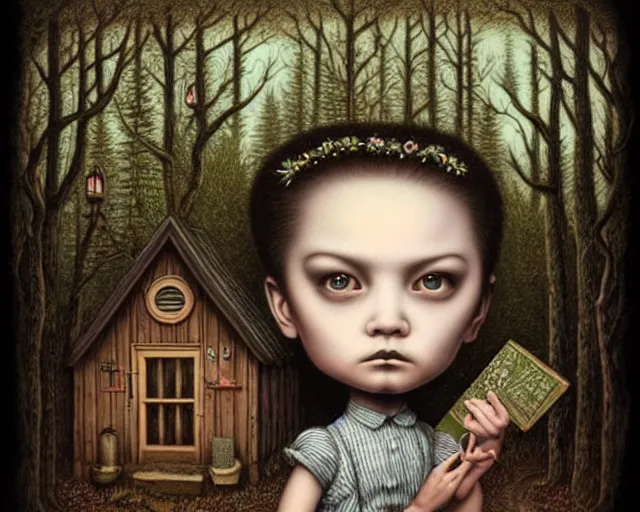 Image similar to intricate detailed portrait of a character in front of a cabin in a dark mysterious forest by mark ryden