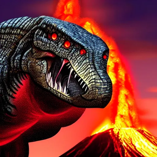 Image similar to Tyrannosaurus Rex jumping into volcano, lava erupting, fire, reddish sky, hyper realistic