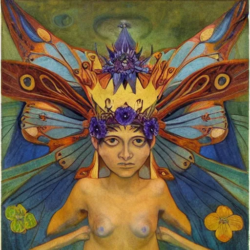 Image similar to the moth crown, by Annie Swynnerton and Nicholas Roerich and Diego Rivera, bioluminescent skin, floral tattoos, wings made out of flowers, elaborate costume, geometric ornament, symbolist, smooth, sharp focus, extremely detailed