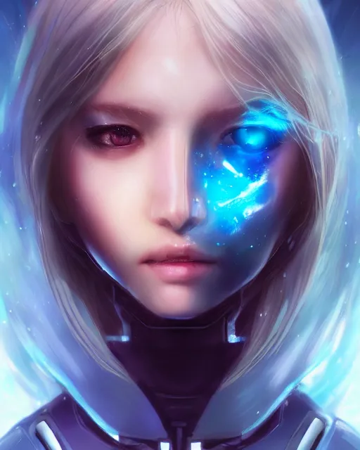 Image similar to perfect android girl, warframe armor, beautiful face, scifi, futuristic, galaxy, nebula, bae suzy, dreamy, long white hair, blue cyborg eyes, cinematic lighting, highly detailed, very cute, focused, artstation, divine, by gauthier leblanc, kazuya takahashi, huifeng huang, jama jurabaev