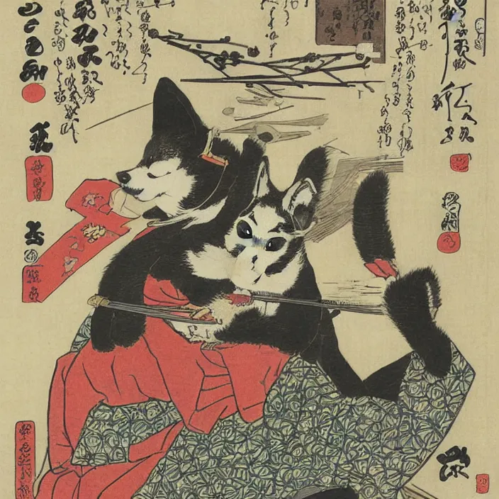 Image similar to comic book artwork of a shiba inu samurai eating a bowl of rice by Utagawa Kuniyoshi