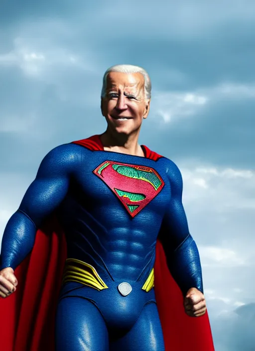 Image similar to Joe Biden cast as Superman, still from Man of Steel movie, hyperrealistic, 8k, Octane Render,