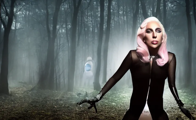 Image similar to lady gaga as a cop in a spooky forest, ufo overhead, alien, realistic, 8 k resolution, hyperdetailed, highly detailed, real life, studio lighting, high quality