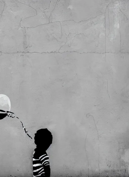 Prompt: a side profile of a black and white graffiti of boy holding a single blue balloon on a concrete background in the style of Banksy, graffiti, digital art