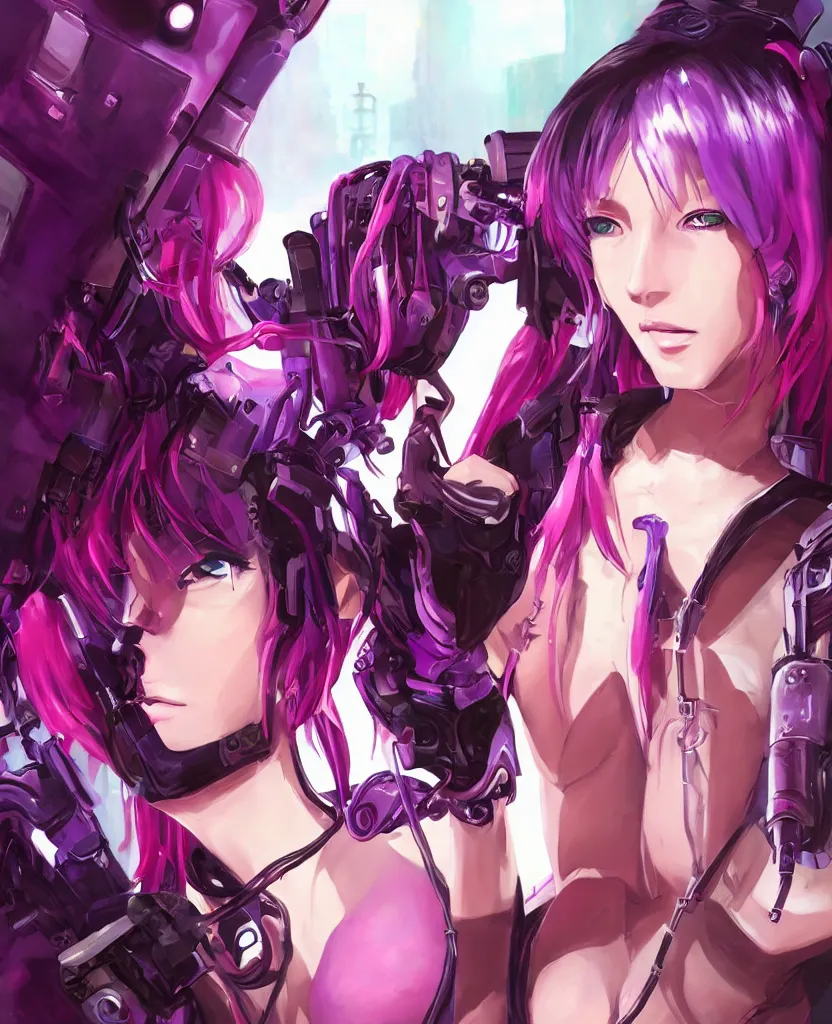 Image similar to A beautiful painting of a cyberpunk anime girl with purple hair and an a huge robot arm sensual stare, Trending on artstation. augmentations and cybernetic enhancements neon circuits