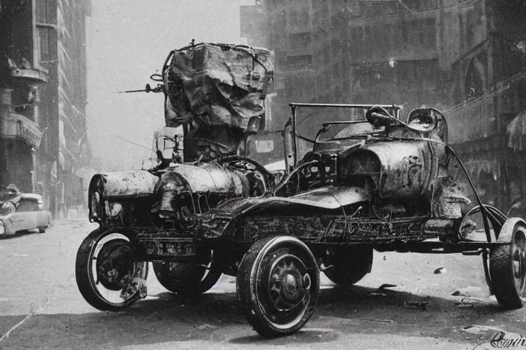 Image similar to cyberpunk 1 9 0 8 model ford t by paul lehr, jesper ejsing, metropolis, parked by view over city, vintage film photo, damaged photo, scratched photo, scanned in, old photobook, silent movie, black and white photo