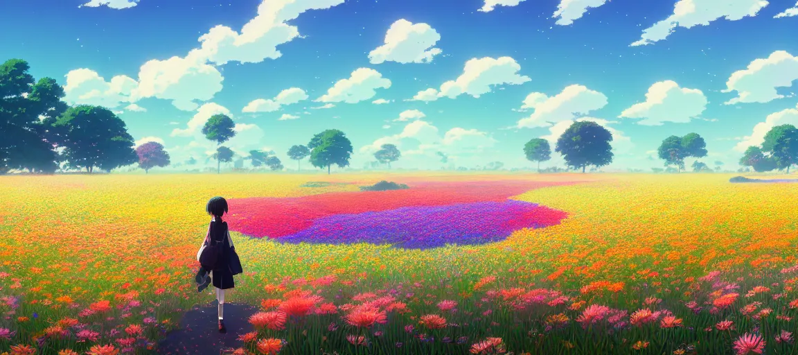 Image similar to a beautiful ultra - detailed panorama of a girl walking through a field of colorful flowers by beeple, studio ghibli, makoto shinkai, wallpaper, highly detailed, trending on artstation, anime