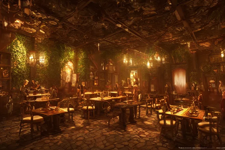 Prompt: inside a a lush tavern found in italy, artgerm, yoshitaka amano, gothic interior, 8 k, octane render, unreal engine