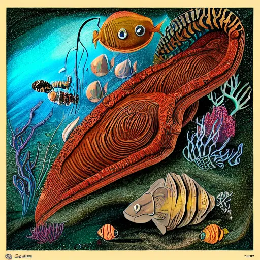 Image similar to concept art painting of cambrian sea creatures, detailed, cel shaded