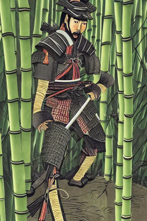 Image similar to close up of samurai warrior in a bamboo forest, an illustration by joe david benzal